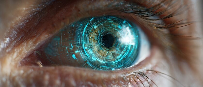  Cybernetic eye concept. Extreme close-up of a human eye with a glowing blue futuristic digital interface and holographic HUD. Sci-fi biometric technology