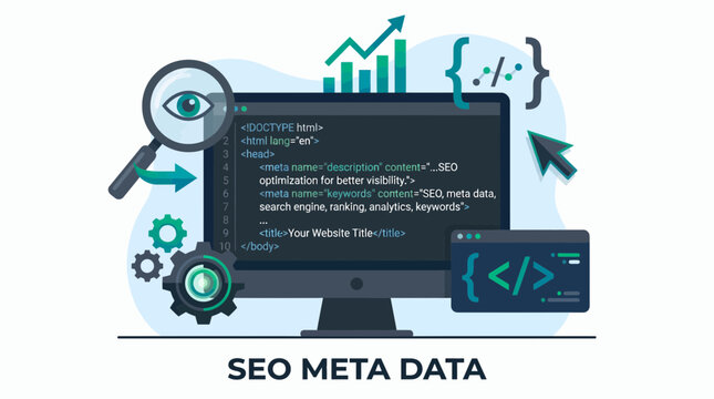 Computer monitor showing HTML meta tags with magnifying glass, gears and growth charts on blue background, concept for search engine optimization, digital marketing and web development