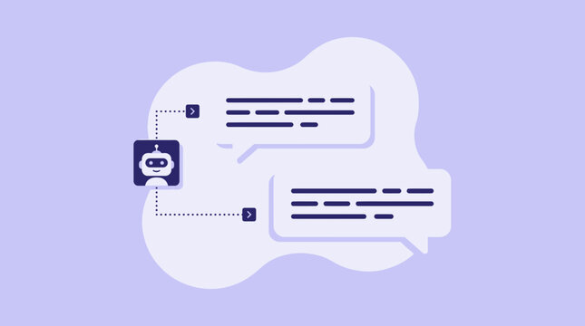 Flat vector illustration of a robotic chatbot icon connected to multiple speech bubbles with text lines on purple background, concept for artificial intelligence, support and communication