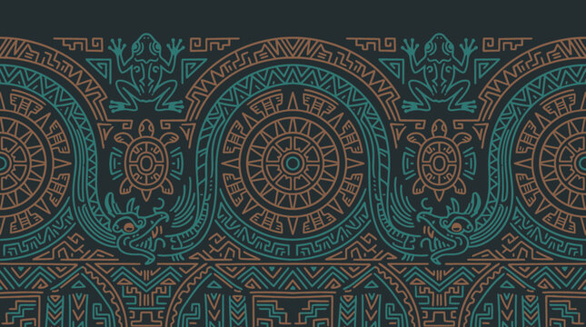 Mayan and Aztec tribal background with ethnic motifs of frogs turtles and feathered serpents in geometric style, concept for textile design, ethnic wallpaper and ancient decorative border