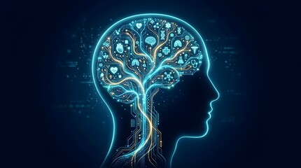 Obraz premium Digital Tree Growing from Human Brain in Futuristic Concept Art