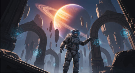 Astronaut in Space Suit Exploring Alien Planet. © Ridwan