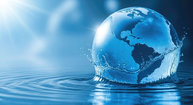 Globe of water on rippling surface with sunlight