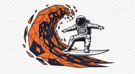 Astronaut Surfing on Wave with Orange Splash. © Ridwan