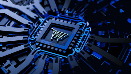 A digital shopping cart icon embedded within a complex microchip circuit © Nipa