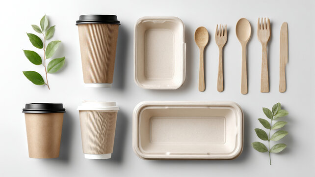 Eco friendly disposable coffee cup container wooden cutlery compostable flat lay with leaf, sustainable takeout set