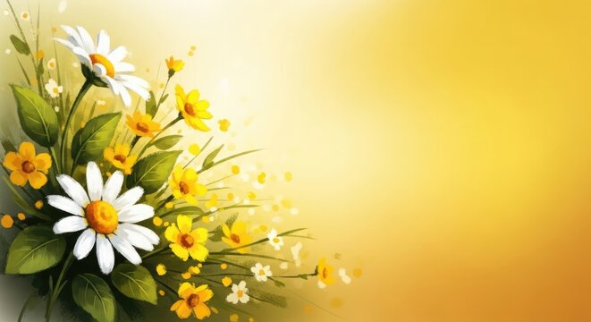 Vibrant bouquet of white and yellow daisies on a warm golden background