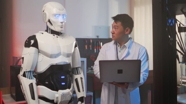 Laboratory scene showing gesture training for robot as technician logs telemetry data with studio lighting