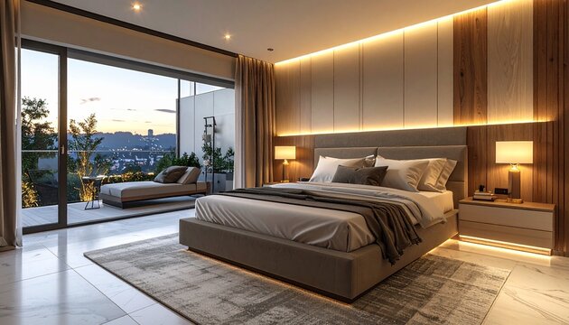 Modern Bedroom Interior with Balcony and Evening View.