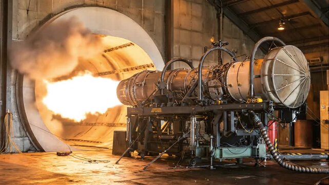 A powerful jet engine undergoing a full-scale test, emitting a bright orange flame from its exhaust inside an industrial test facility.