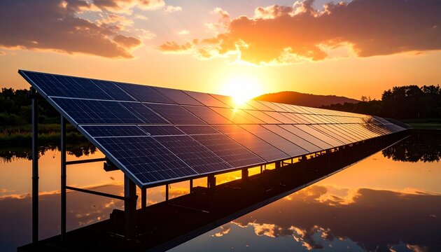 Solar panels reflecting sunset on water, renewable energy source.