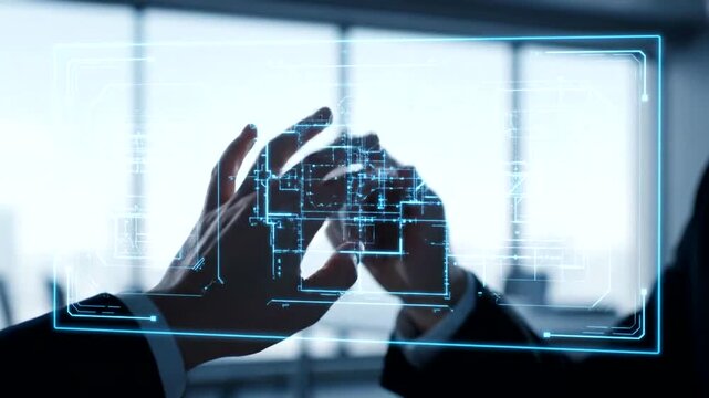 Hands interacting with virtual interface.
