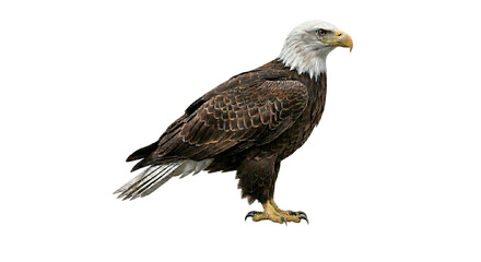 Obraz premium Majestic bald eagle standing isolated on white background, realistic wild bird photography, powerful eagle with sharp beak and claws