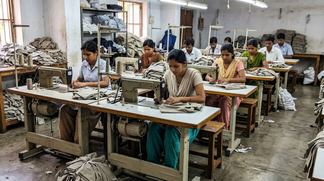 Seamstress group working at industrial sewing machines in textile factory. Women tailors sewing garments in garment production workshop. Manufacturing concept for apparel industry.