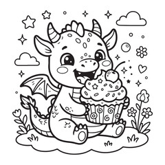 Fototapeta premium Dragon Eating Cupcake Coloring Page for Kids Kawaii Fun Bold Line Art Sweet Design