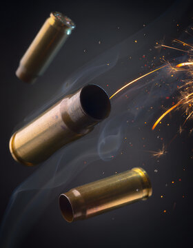 Slow Motion Bullet Shells Falling with Sparks and Smoke in Dark Cinematic War Concept Scene