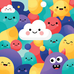 Fototapeta premium Colorful cartoon smiling cloud characters faces.