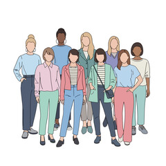 Obraz premium Diverse Group of Women Standing Together, Modern Casual Fashion, Minimalist Style Illustration