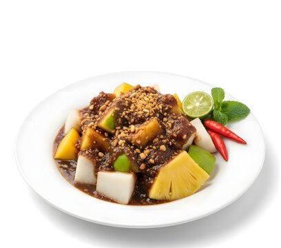 Indonesian rujak fruit salad with peanut sauce, fresh tropical fruits and chili isolated on white background, healthy vegan exotic food concept