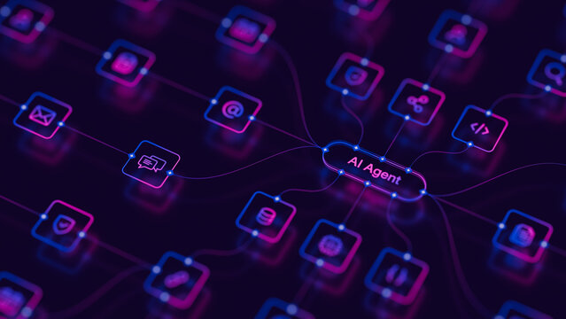 AI agentic workflow automation artificial intelligence agent software interface nodes triggers data tool dashboard coding icon flow process database technology 3d rendering.