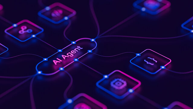 AI agentic workflow automation artificial intelligence agent software interface nodes triggers data tool dashboard coding icon flow process database technology 3d rendering.
