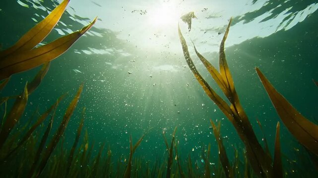 Underwater kelp forest scene with sunlight marine life and lush vegetation