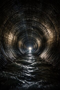 Moody underground brick tunnel sewer with reflective water, industrial lights and misty atmosphere