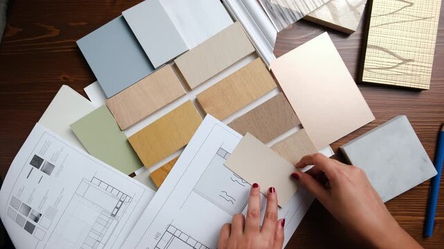 Dubai design office with interior designer reviewing material palette and layout plan