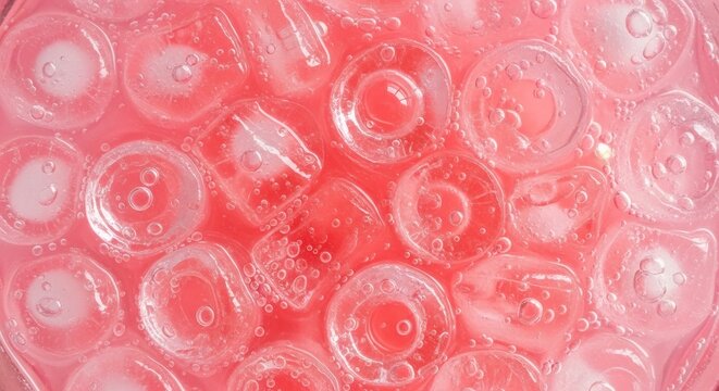 Abstract macro background of clear hydrogel polymer balls in pink water.