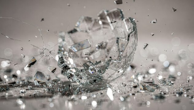 Slowmotion footage of a fragile glass object shattering in vivid detail with sharp glass fragments in foreground and soft unfocused surroundings enhancing dramatic effect.