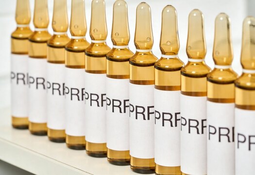 Amber glass ampoules with PRF labels in a row. Platelet rich fibrin vials for medical and aesthetic treatments. Hair loss and skin rejuvenation therapy concept. Selective focus