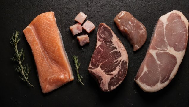 Assortment of various raw meats and fish laid out on a dark, textured surface