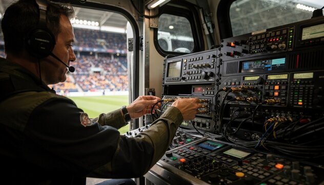 Television crew member connecting encoders inside a satellite uplink truck at a large stadium focusing on intricate control panels with blurred crowd in the background.