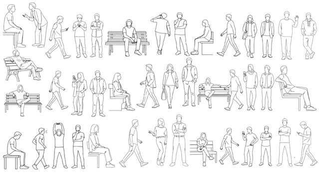 Versatile human figure vector line art poses collection for CAD drawing people reference showcasing diverse everyday posture studies and design.