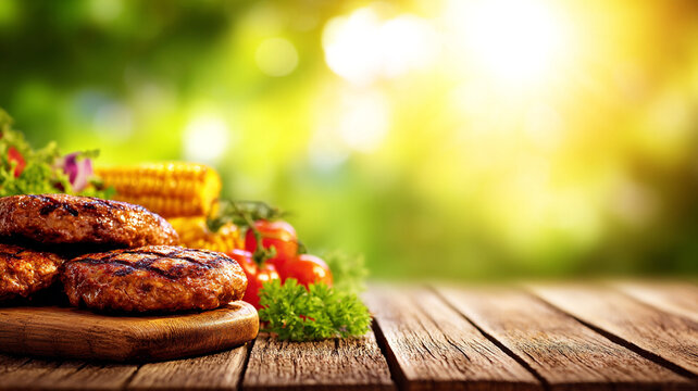 Grilled cutlets with corn on the cob and a tomato next to them. All this lies on a wooden board.