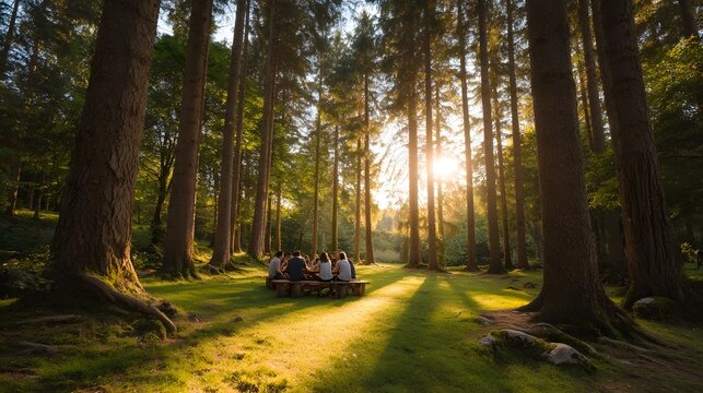 A group of people enjoy a peaceful gathering in a sun d d forest clearing at golden hour