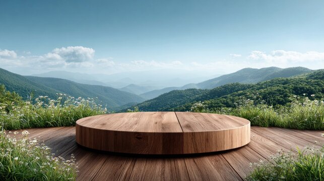 Wooden display podium on a scenic mountain overlook with wildflowers and blue sky