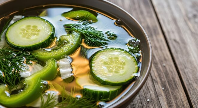 Close up of crisp, bright green vegetables soaking in salty brine on a rustic wooden table. Appetizing and preserved food, diet, healthy, rustic