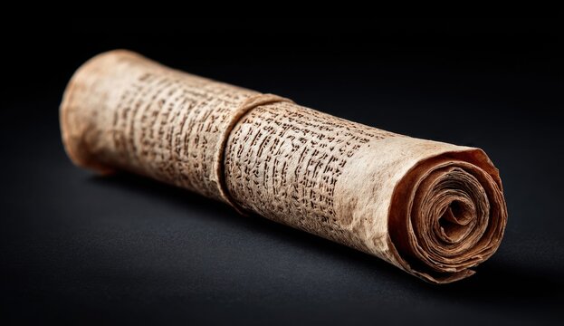 Ancient papyrus scroll with text tied with twine on a dark background