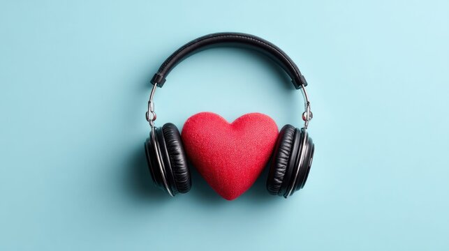 Red heart with headphones on a pastel blue background, symbolizing love for music
