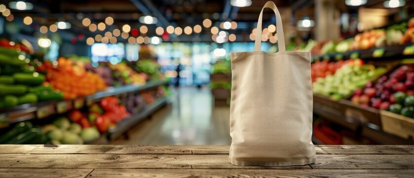  Blank canvas eco tote bag on a wooden table for mockup design. Blurred colorful fresh produce at farmers market background