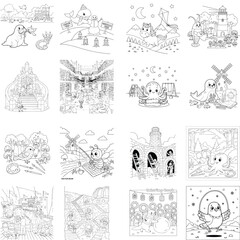 Obraz premium Hand-drawn outline illustration of diverse fairytale houses and cottages in a whimsical village