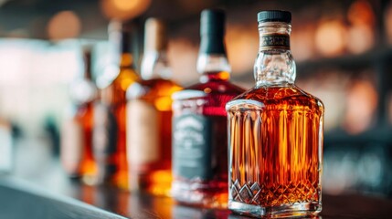 Row of amber whiskey bottles lined up on a bar counter with bokeh background