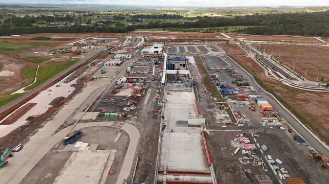 Aerial drone view of Bradfield Station construction site for the new Sydney Metro - Western Sydney Airport Line in March 2026
