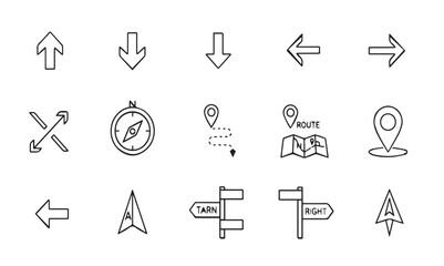 Fototapeta premium Navigation and Map Directional Line Icons Set for GPS and Travel