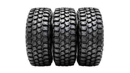 Isolated three new heavy-duty all-terrain vehicle tires with aggressive tread pattern © Sorin