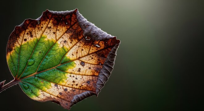 Macro shot illustrating the vibrant green color fading away, revealing the textures of natural death and decay in a forest environment, leaf, dying, foliage