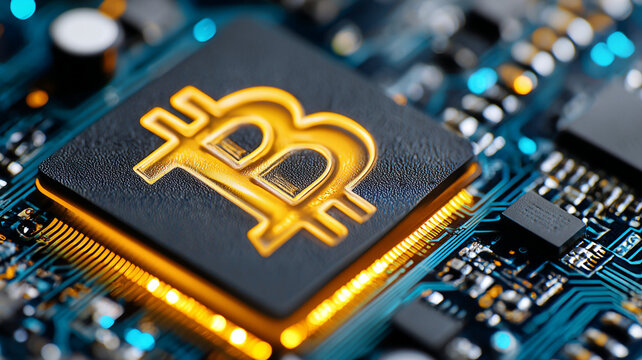 a glowing orange bitcoin sign on the background of a printed circuit board with blue and orange elements.