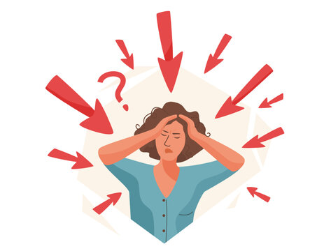Overwhelmed by misinformation vector illustration. Stressed woman with multiple arrows pointing at his head. Confusion and information overload from fake news, social media. Panic attack