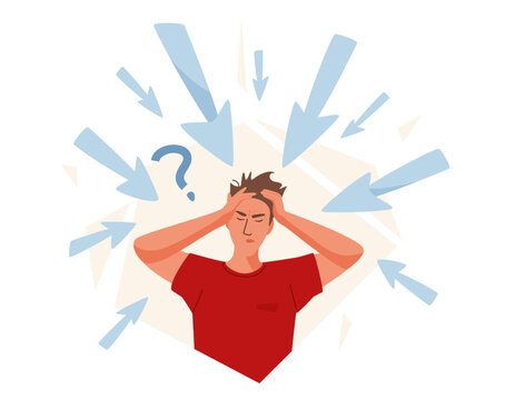 Overwhelmed by misinformation vector illustration. Stressed man with multiple arrows pointing at his head. Confusion and information overload from fake news